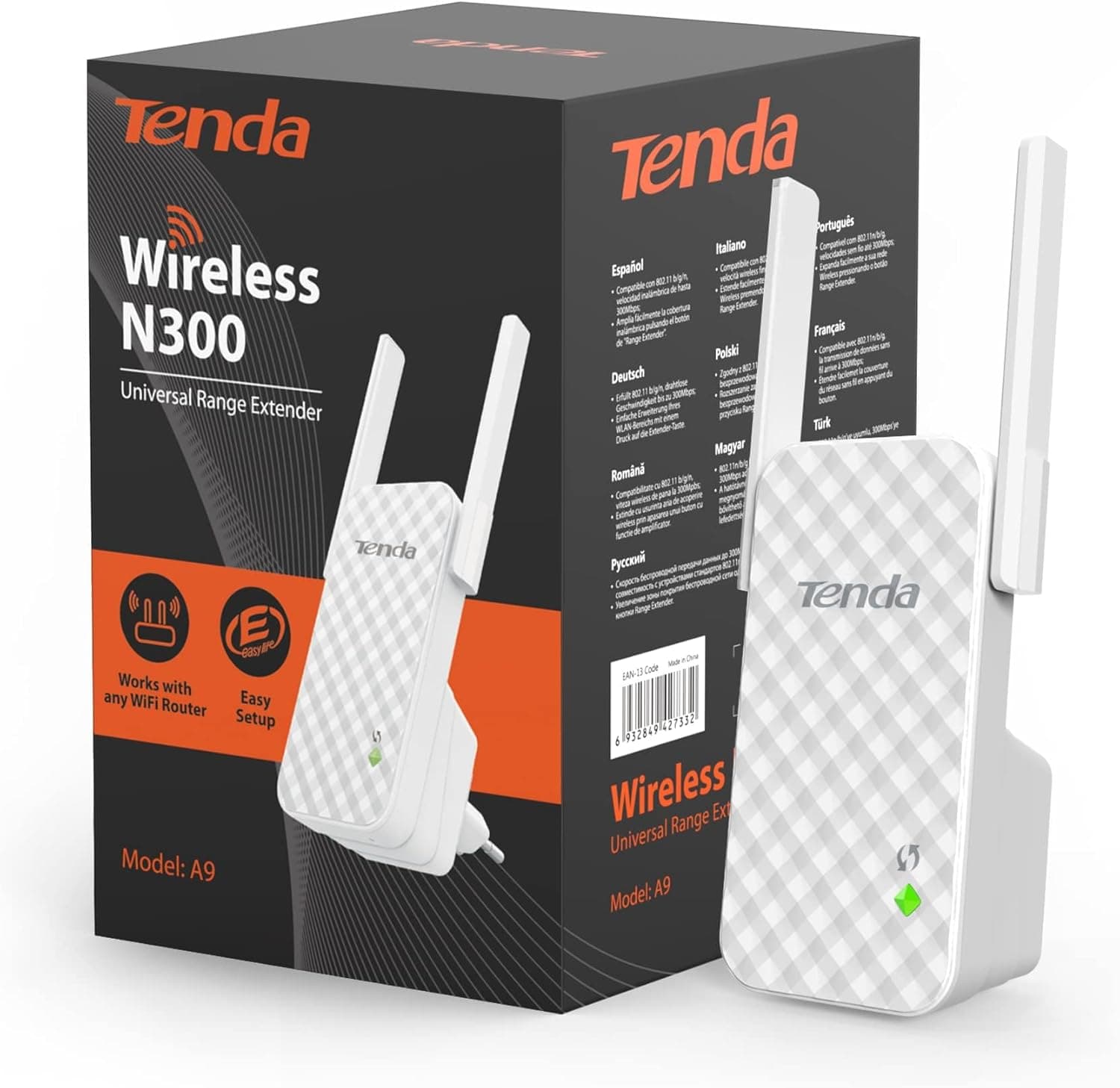 Tenda A9 N300 Repetidor de rede Wi-Fi extensor amplificador de cobertura (300 Mbps, 2 antenas externas, cobertura Wi-Fi sem fios mais de 200 m, compatível com roteadores e ADSL/Fibra)