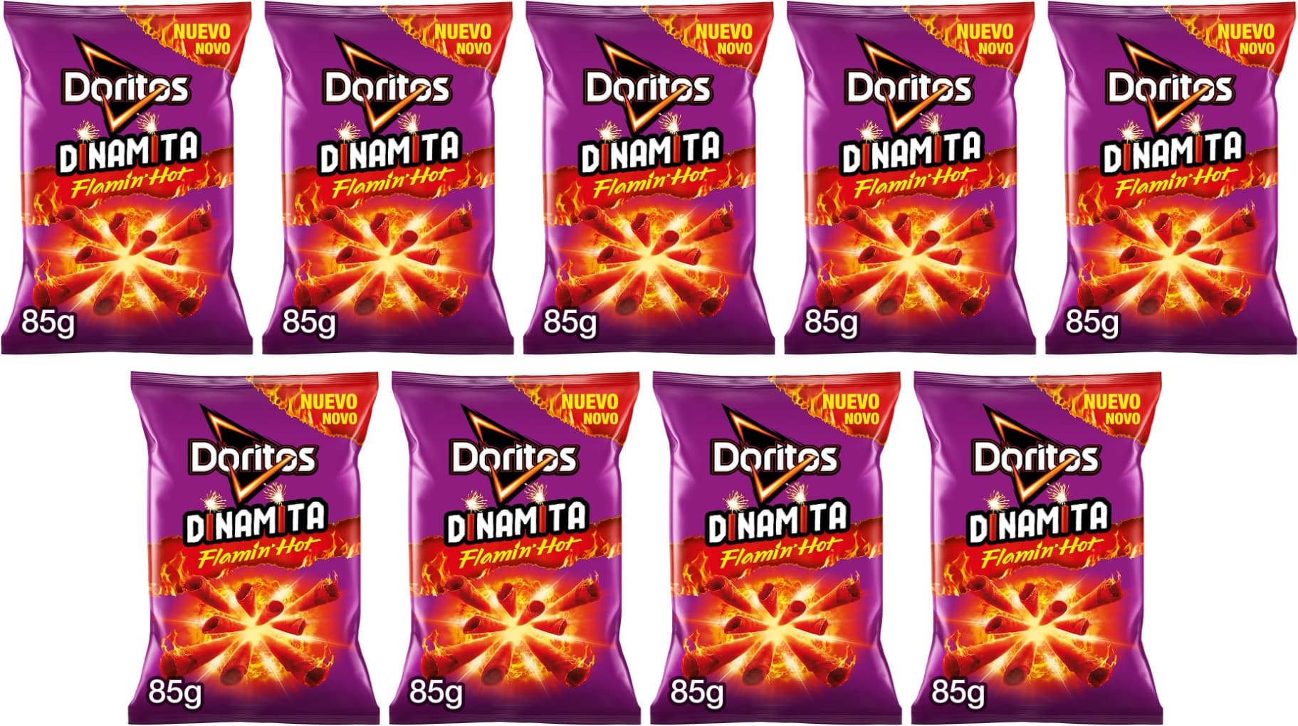 Doritos Dinamite Flamin Hot, Snack de milho picante sabor ao Chile picante e limão, 85 g x 9