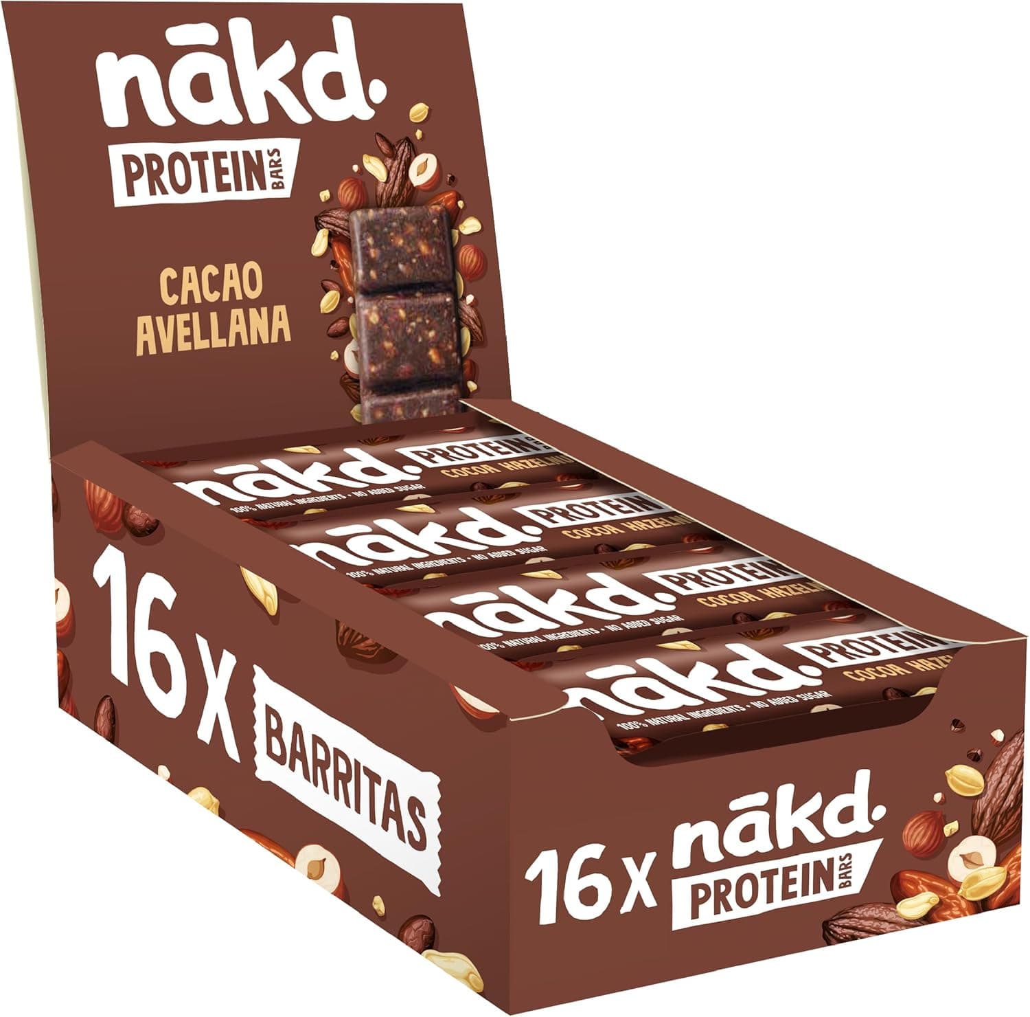 Nākd. Protein Cacau avelã | barras protetoras | 7 g de proteína de origem vegetal, 100% ingredientes naturais, sem açúcar adicionado, vegano, 16 x 45 g, 720 g