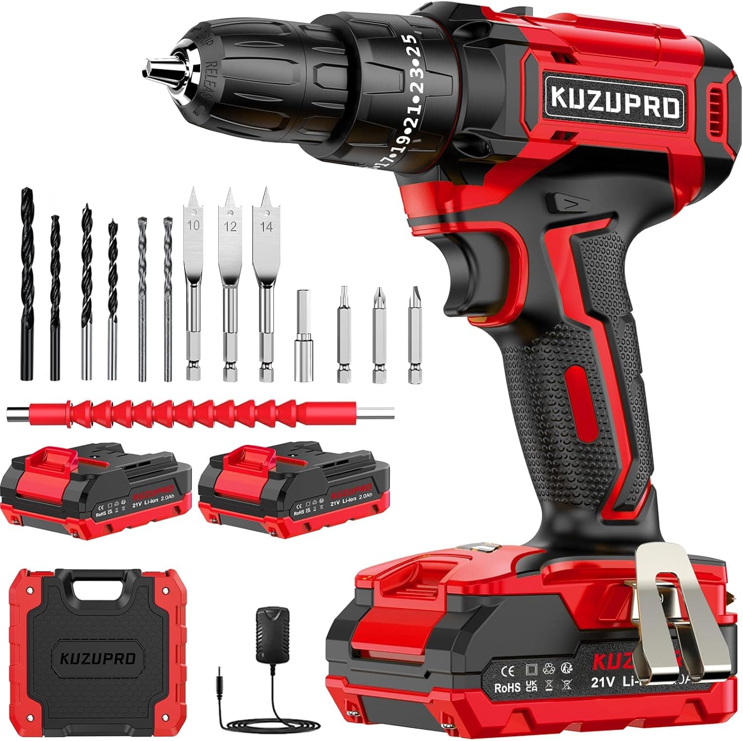 KUZUPRO Broca de bateria de 21 V, broca parafuso com 2 baterias 2000 mAh, 25 + 3 ajuste de par chave de fenda elétrica, 42 Nm, 14 acessórios, 2 velocidades, LED luz para casa, bricolage