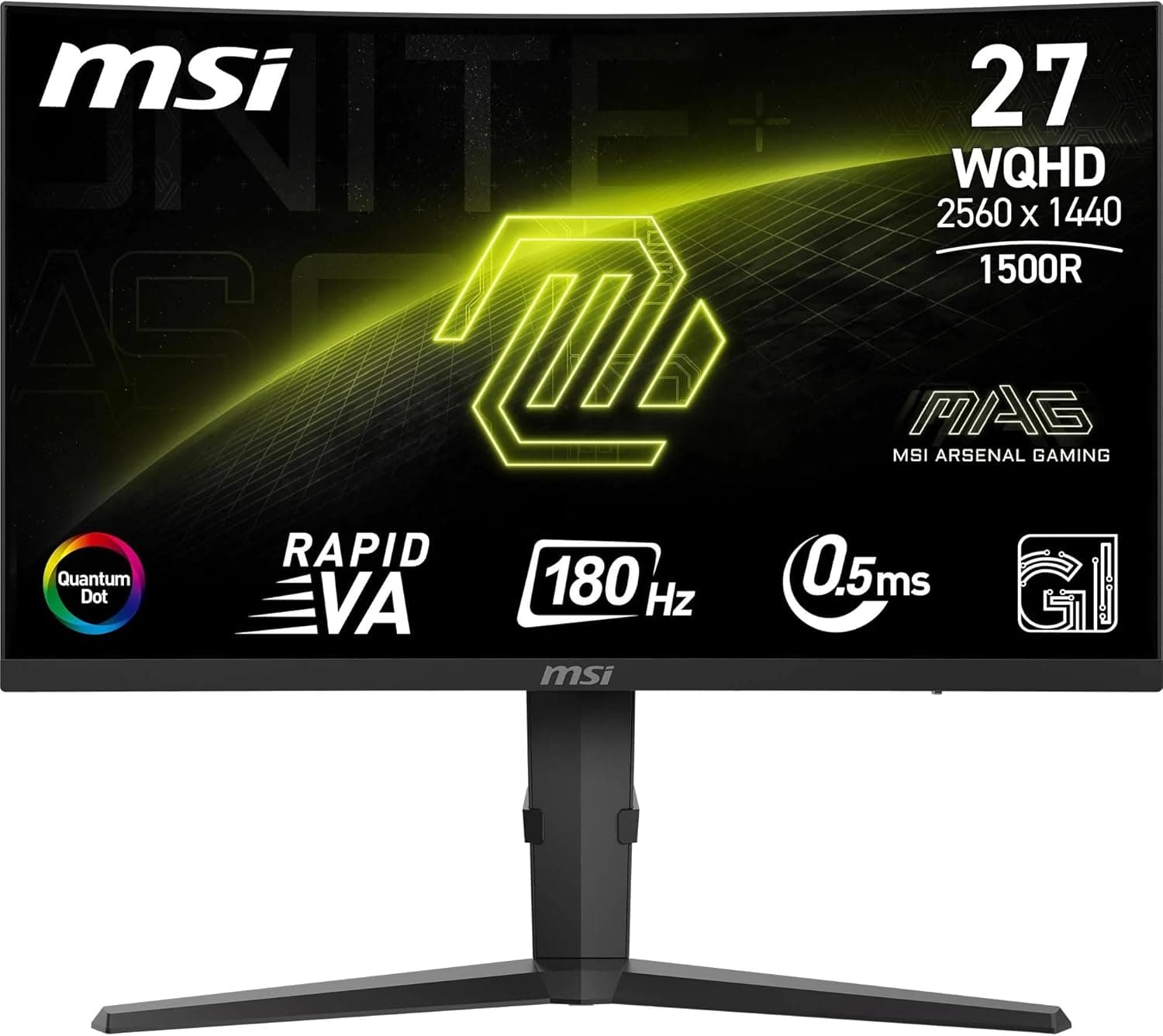 MSI mag 275CQRF QD E2 Monitor curvo Gaming WQHD 27 polegadas, 1500R, 2560 x 1440 Rapid VA painel, 180 Hz / 0,5 ms (GtG, Min. ), Sincronização adaptativa, DP 1.4a, HDMI 2.0b CEC