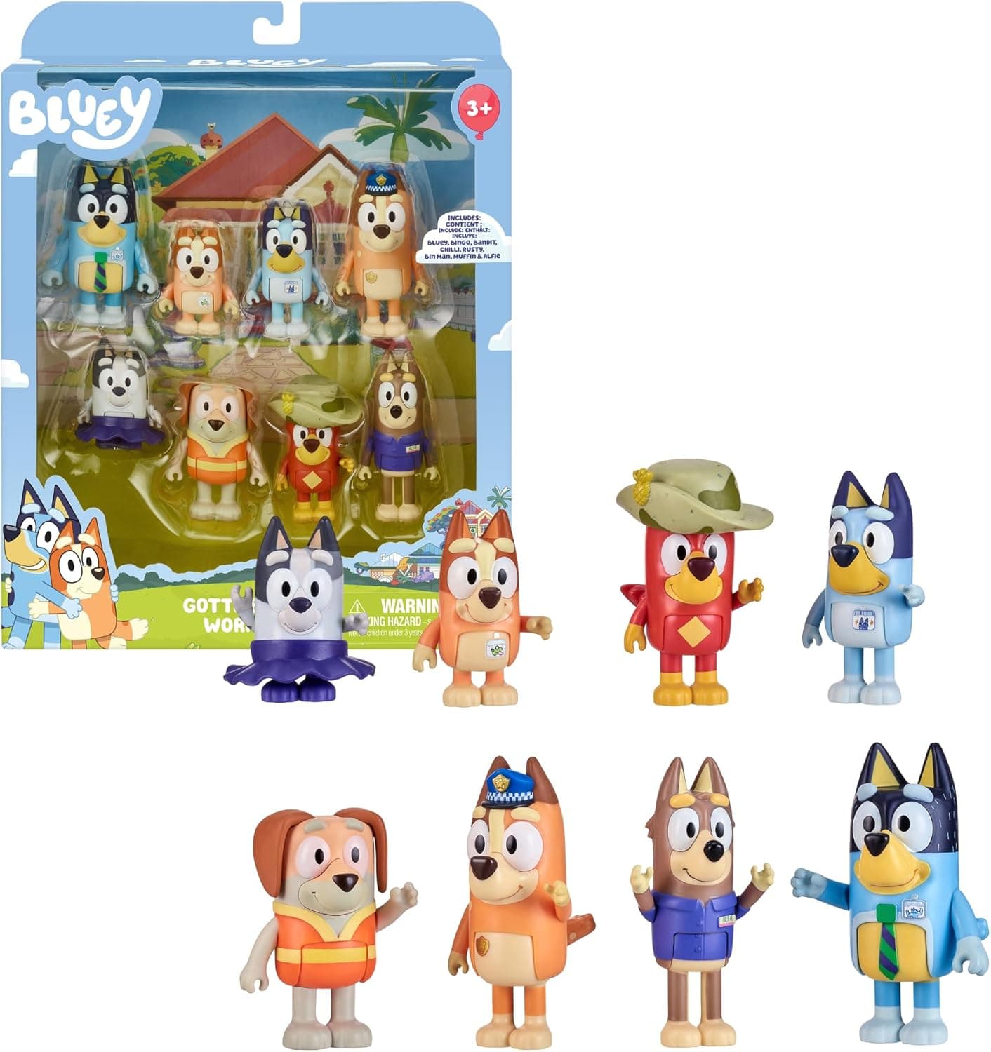 Bluey - Pacote de 8 figuras de aventura, figuras articuladas amigos preparados para ir de aventuras, bonecas da série infantil, aumente a sua coleção com este pacote, famosa (BLY73000)
