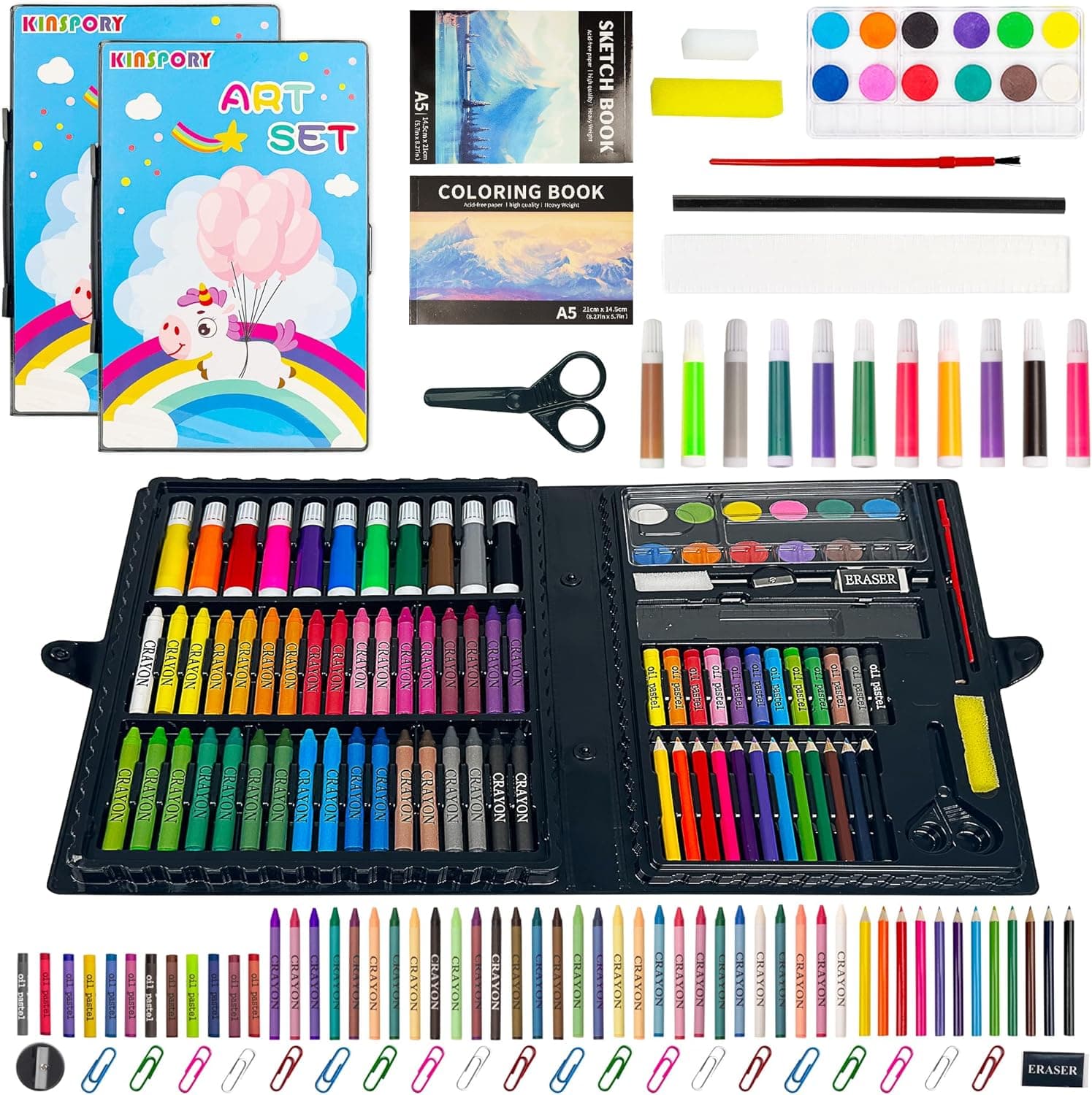 KINSPORY 108 peças Maletin Tintas para crianças, lote de 2, jogos de desenho, pinturas para crianças, aguarela infantil, lápis de desenho, cavalete pintura (azul)