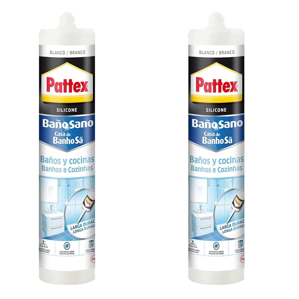 Pattex Baño Sano | Silicone branca antimofo e impermeável para cozinha e casa de banho, 2 cartuchos de 280 ml