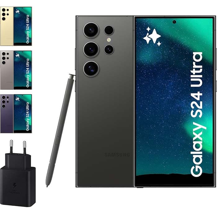 Samsung Galaxy S24 Ultra e carregador de 45W, telemóvel com IA, smartphone Android, 12 GB RAM, 256 GB de armazenamento, câmara 200 MP, S Pen, bateria longa duração, preto titânio 