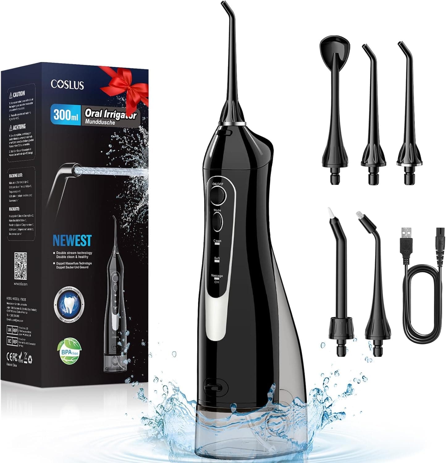 COSLUS Irrigador bucal portátil Flosser: 300 ml irrigador dental sem fios de rega para limpeza dentária duplo jato de água IPX7 impermeável limpeza dentes para casa casa casa de banho e viagens preto