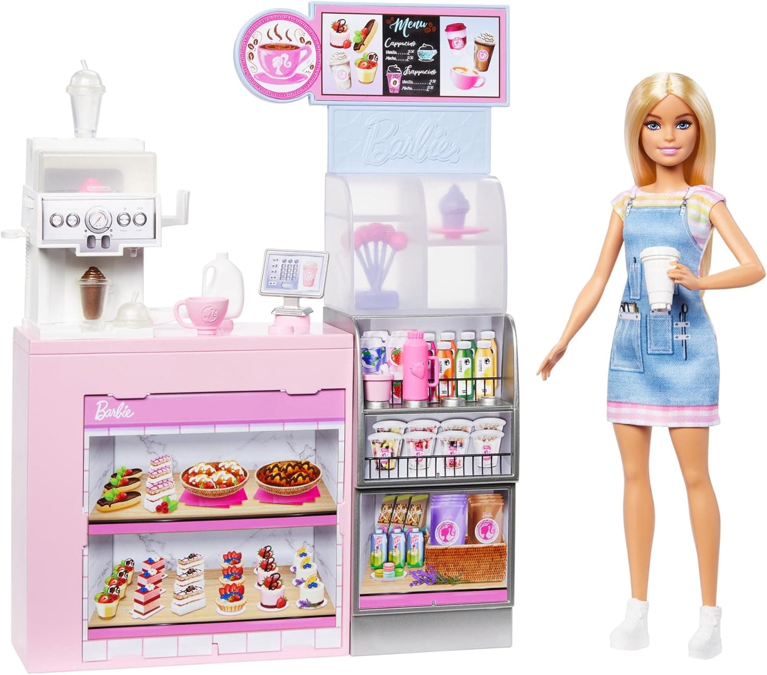 Barbie Pode ser boneca barista com café, conjunto de jogos com máquina de batidos e café, balcão, estantes e acessórios de bar, profissões de brinquedo + 3 anos (HXN94)