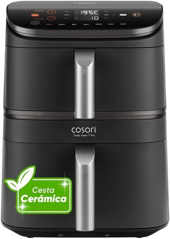 Fritadeira a Ar Cosori Turbo Tower Pro 10,8L 2630W, Revestimento Cerâmico e Cesto Duplo, Tecnologia Avançada com Motor DC e Dupla Chama, Economia de Energia e Mais Rápida, 7 Funções, Economia de Espaço