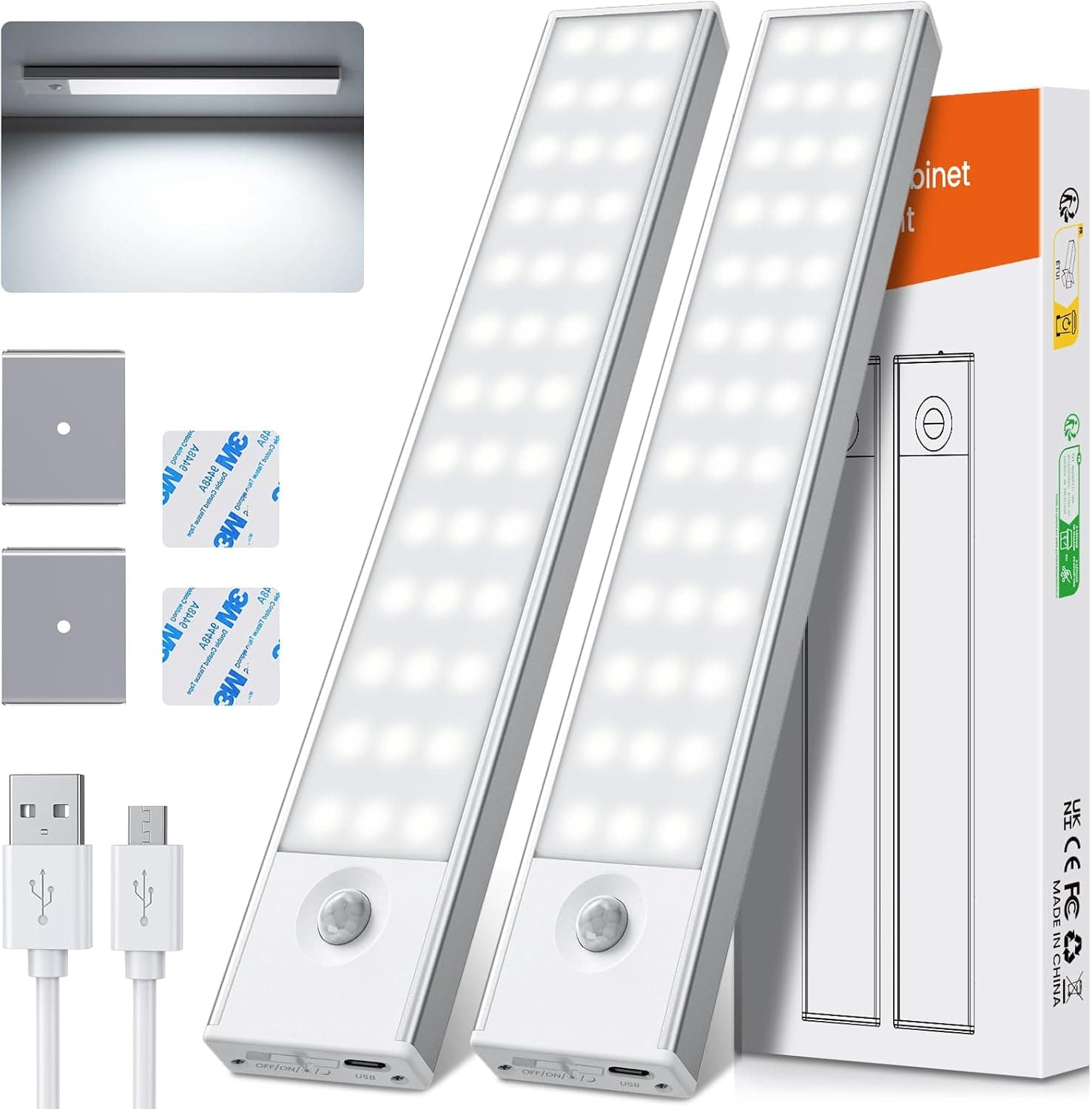 PALATALA Luz LED armário com sensor de movimento, 6500 K 39 LEDs cozinha baixo móvel com 4 modos, luzes LED cozinha USB recarregável magnética para armário, escada, corredor, garagem, armário (2 peças [Classe energética E]