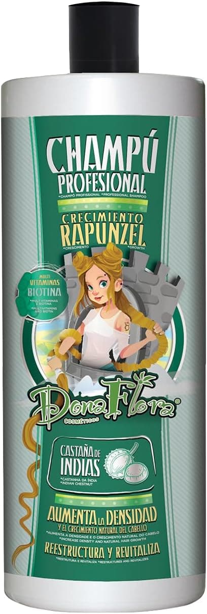 Dona Flora - Champô de crescimento Rapunzel Fortalece e Nutre com Biotina | Aumenta o crescimento, sem sulfatos nem parabenos, volume e brilho natural, fórmula suave de 1000 ml