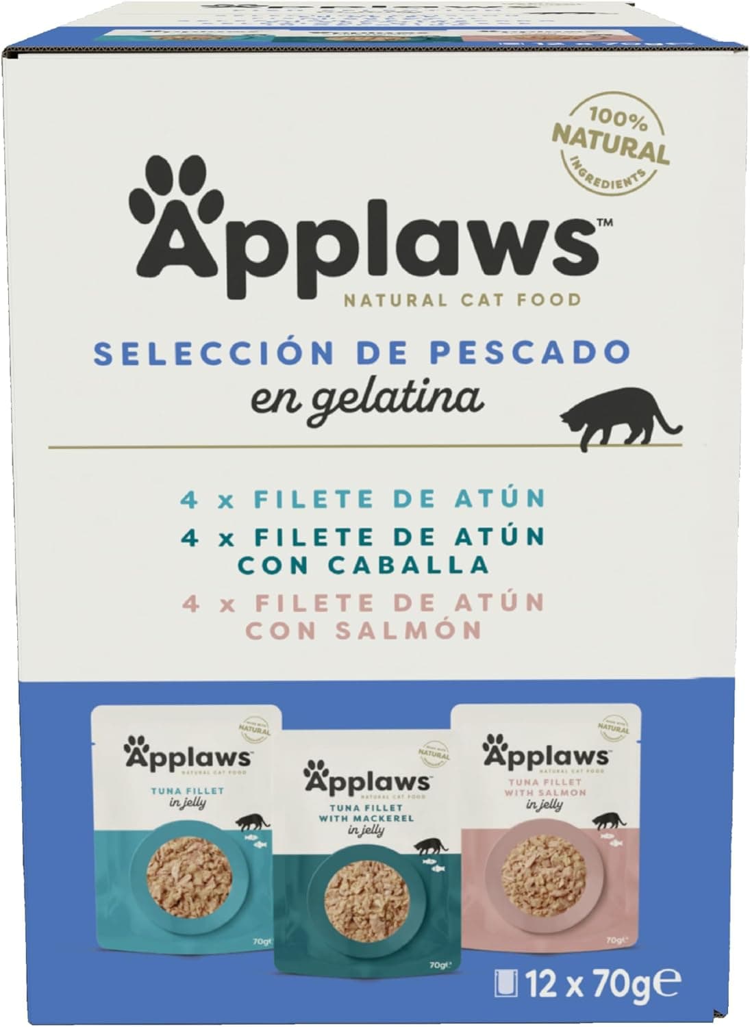 Applaws Natural comida húmida para gatos, seleção de peixe em geleia 70 g (12 x 70 g sacos)