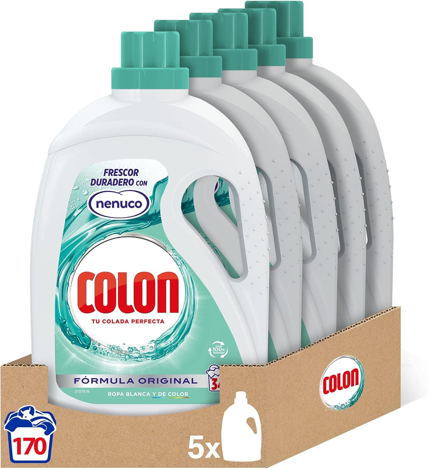 Colon Nenuco | Detergente líquido gel para roupa branca e colorida, pack de 5 unidades, 1,53 l cada
