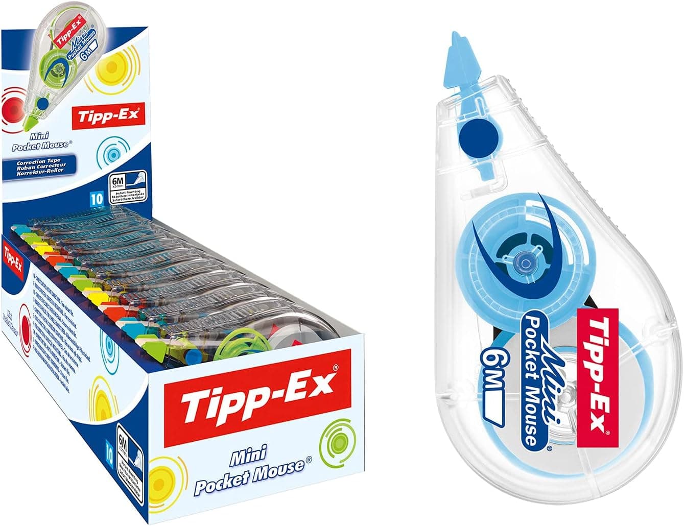 BIC Tipp-Ex Mini Pocket Mouse Corretor de fita, 6 m x 5 mm, cores sortidas, caixa de 10 unidades