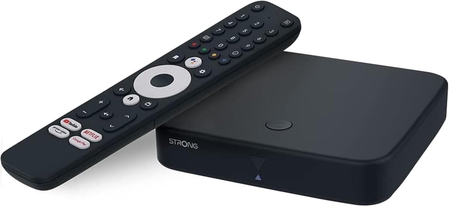 STRONG SRT420 TV Box Android TV 4K com porta Ethernet, DVB-T2, 2 GB RAM + 16 GB de armazenamento, Chromecast integrado, WiFi, Google Assistente de Voz, HDR10, Dolby áudio e visão Dolby