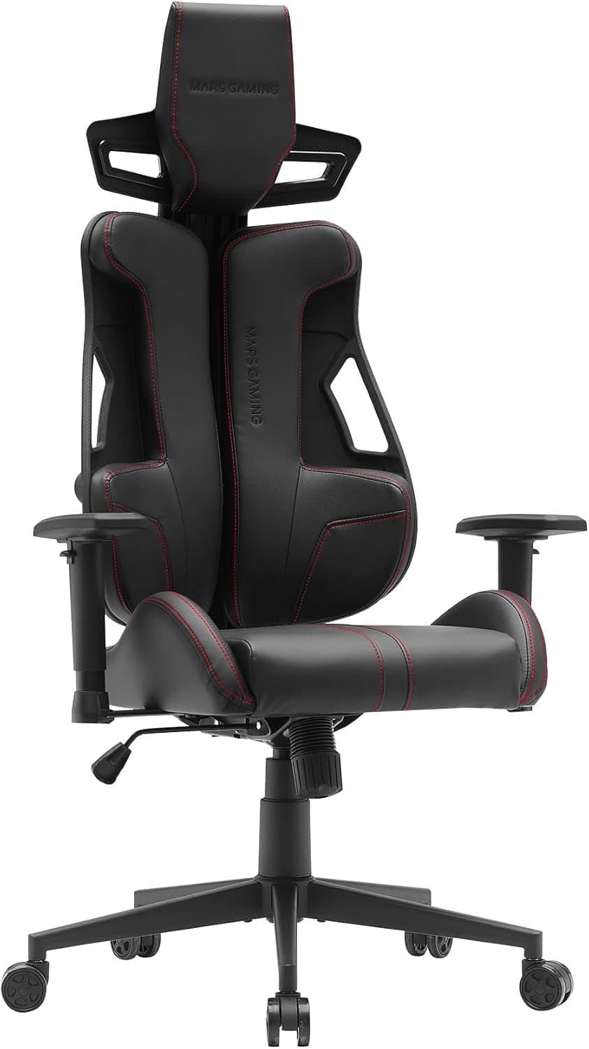 Mars Gaming MGC-Elite, cadeira de jogos ergonómica, encosto flexível adaptativo, apoio de braço ajustável 2D, assento reclinável, acabamento em couro PU, cadeira escritório com rodas XL, pistão gás
