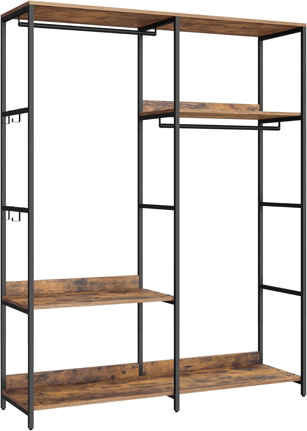 SONGMICS Armário de roupa, organizador de armário, bengaleiro, cabide com barras para pendurar, prateleiras de armazenamento, ganchos removíveis, 118 x 40 x 181 cm, castanho rústico RGR025B01