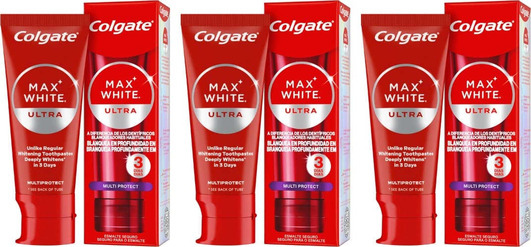 Colgate Max White Ultra Multi Protect | Pasta de dentes branqueadora com proteção do esmalte e dentes sensíveis, 50 ml x 3