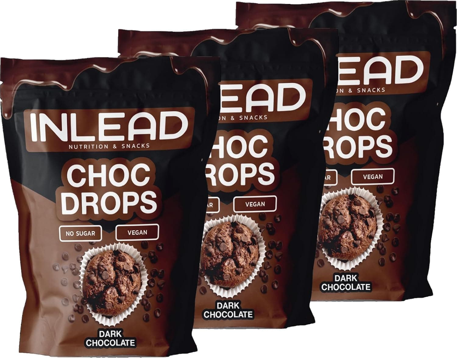 INLEAD - Choc Drops - chocolate escuro | chocolate sem adição de açúcar - perfeito para coberturas e pastelaria - 3 x 150 g (chocolate escuro)