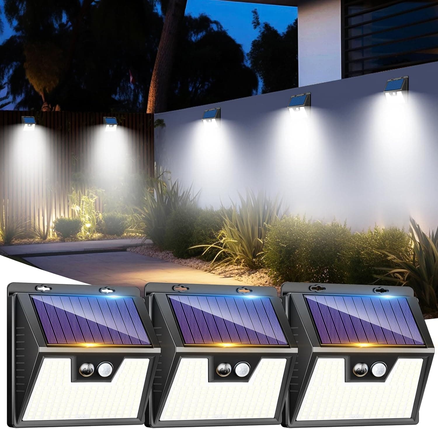 LOTMOS Solar Light | Conjunto de 3 projetores LED solares com sensor de movimento e 3 modos para exterior luz branca fria