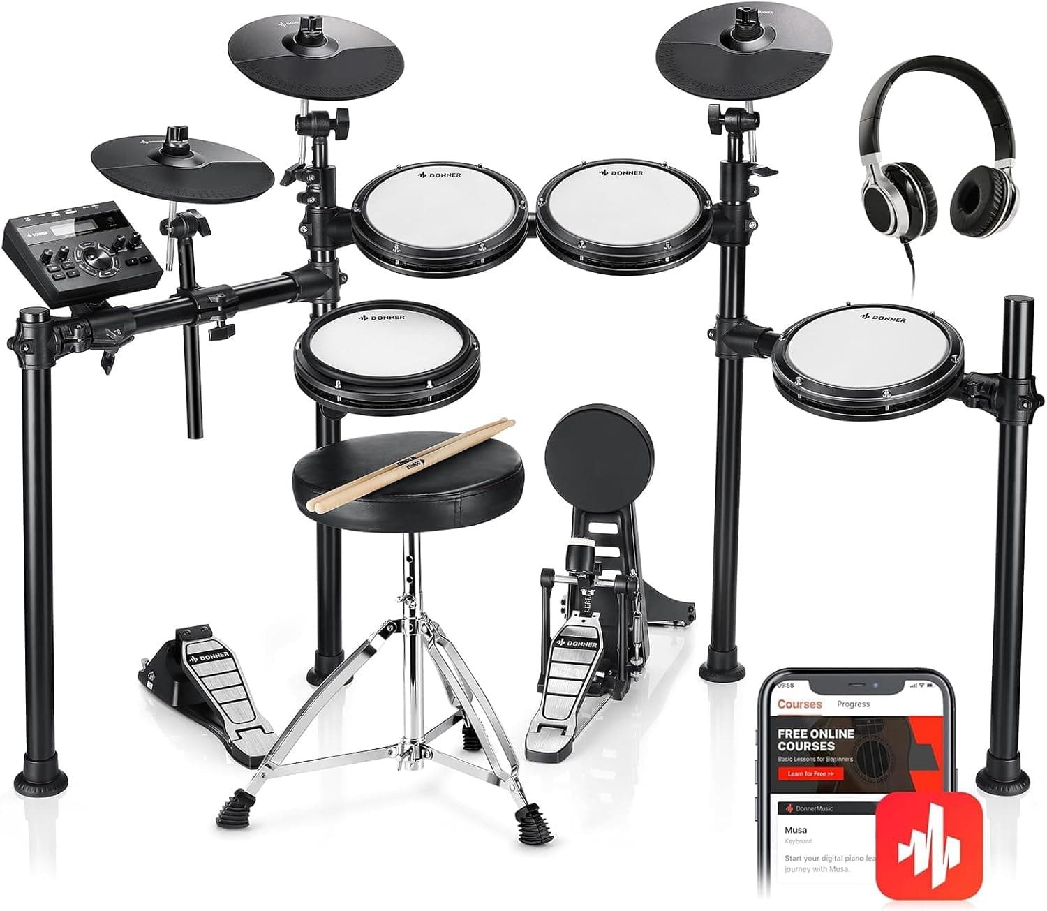 Donner DED-200 Bateria eletrónica com almofadas silenciosas, pratos, mais de 450 som, USB MIDI - 5 Pads, 3 pratos