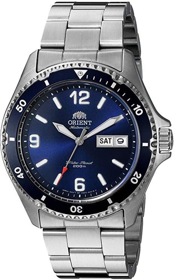 Orient Mako II FAA02002D9 Relógio de mergulho para homem (mecanismo automático japonês, aço inoxidável), prateado, Prata, Pulseira de aço inoxidável com mostrador azul e bisel de 120 cliques