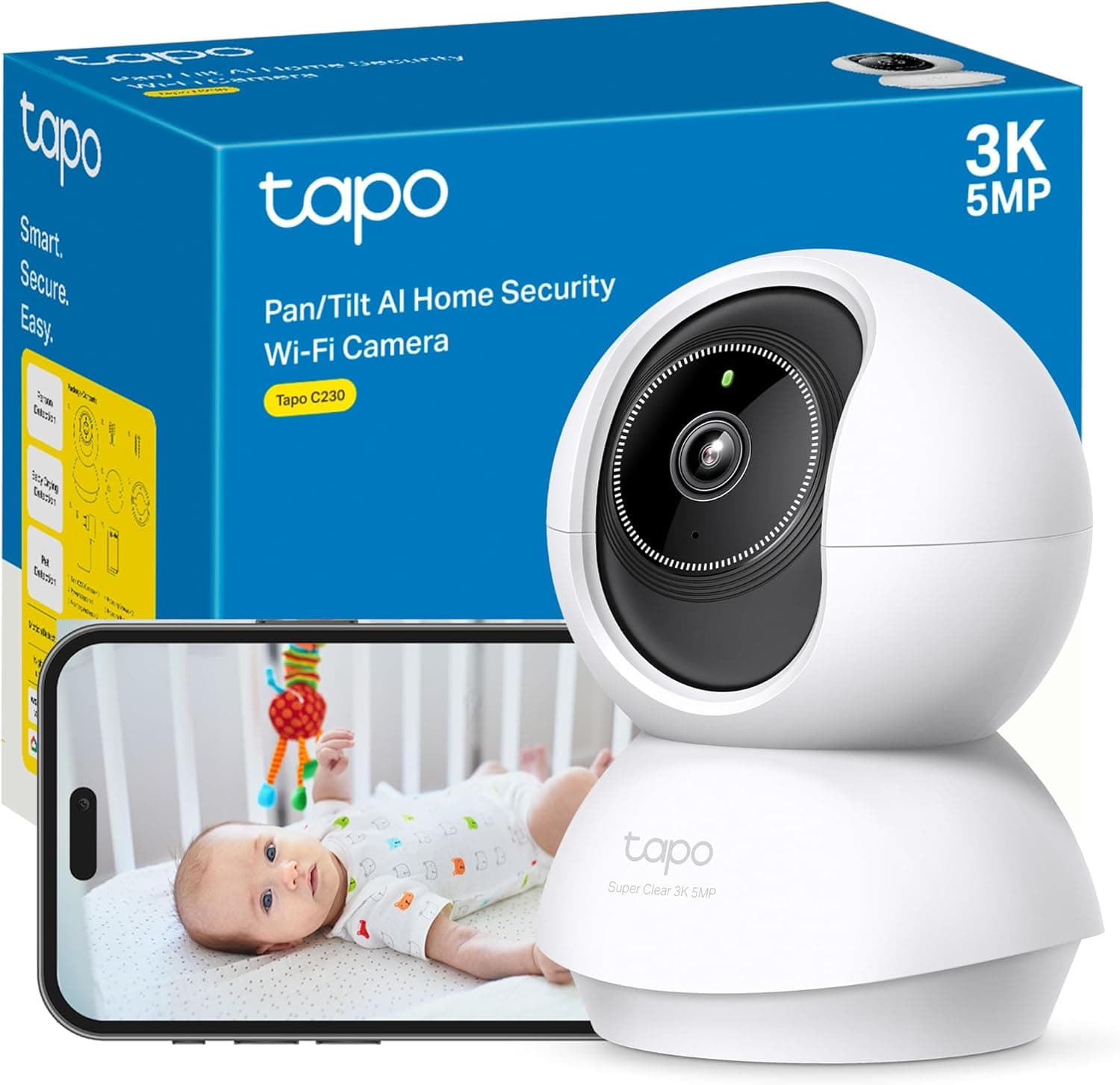 Tapo C230 | Câmara de vigilância 360° com resolução 3K 5MP, alarme sonoro e luminoso, visão noturna, deteção de movimento por IA, áudio bidirecional e compatibilidade com Google e Alexa
