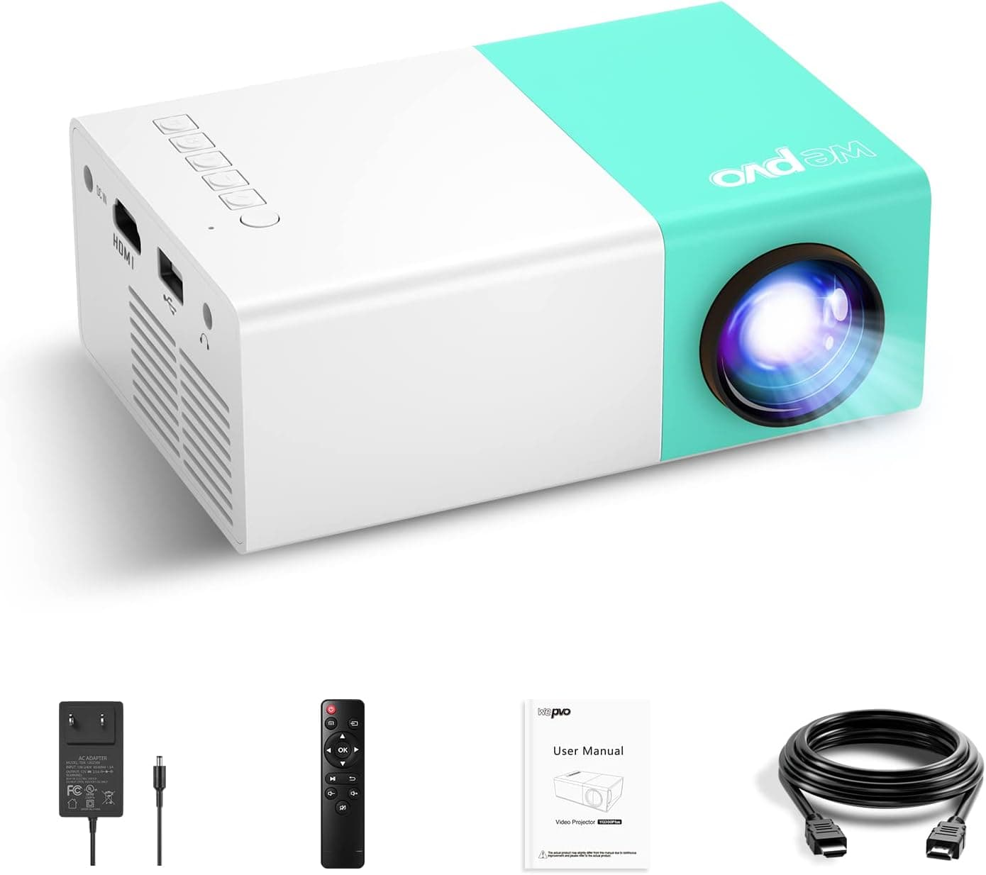 wepvo Projetor portátil, mini projetor para crianças, projetor ao ar livre projetor de vídeo LED pico para cinema em casa projetor de filmes com USB HDMI tipo C e controlo remoto