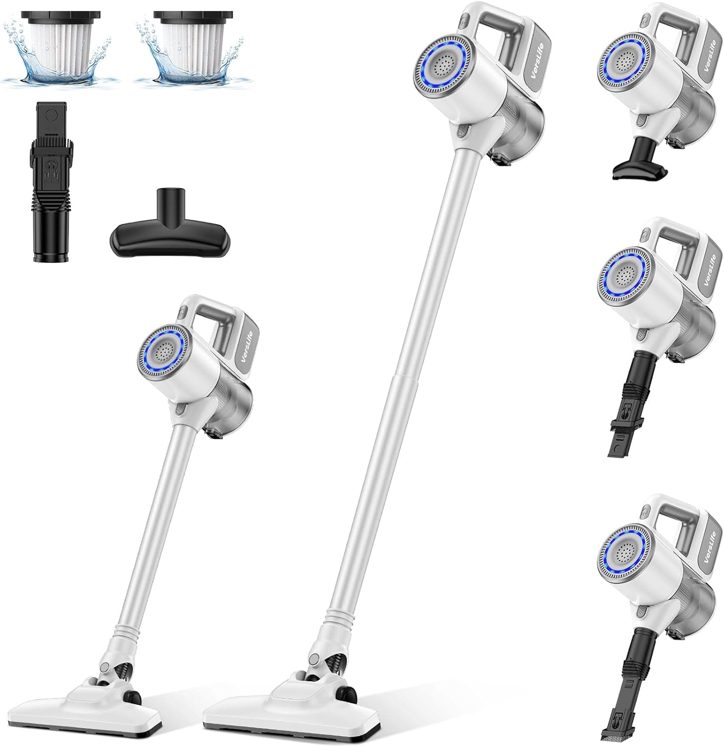 VersLife Aspirador sem cabo S6PRO, 30 kPa aspirador vassoura sem cabo potente, design sem emaranhados, filtragem HEPA/ferramentas multifuncionais, aspirador sem fios anti-emaranhado para cabelo de