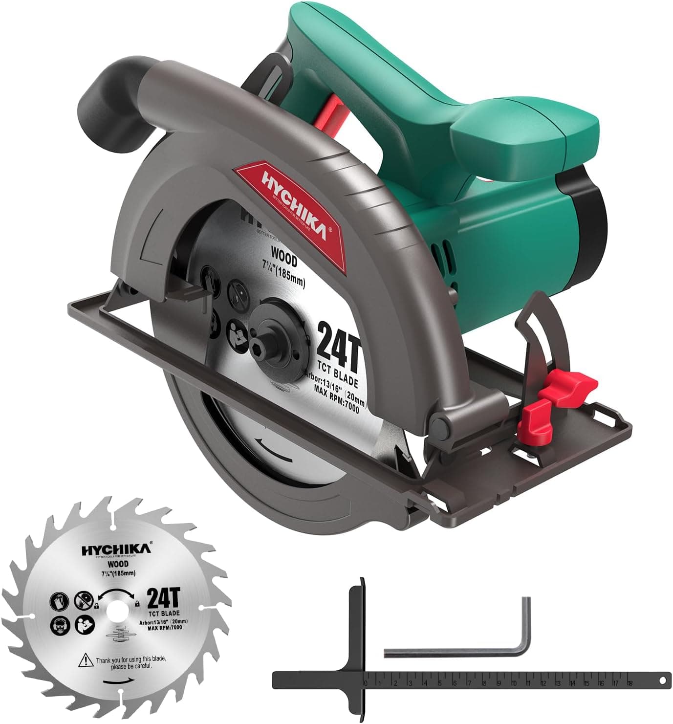 Serra circular HYCHIKA 1300 W 4500 PM 185 mm mini serra circular, motor de alta potência, profundidade de corte, 65 mm (90 º), 45 mm (45 º), extração de pó, 2 m cabo, para corte de madeira/plástico