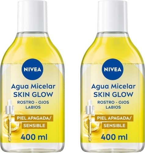 NIVEA Água Micelar Skin Glow, gel de limpeza facial com 5% soro e ammino ácido complex, tónico facial para rosto, olhos e lábios, óleo desmaquilhante facial com vitamina C e E, 400 ml x 2