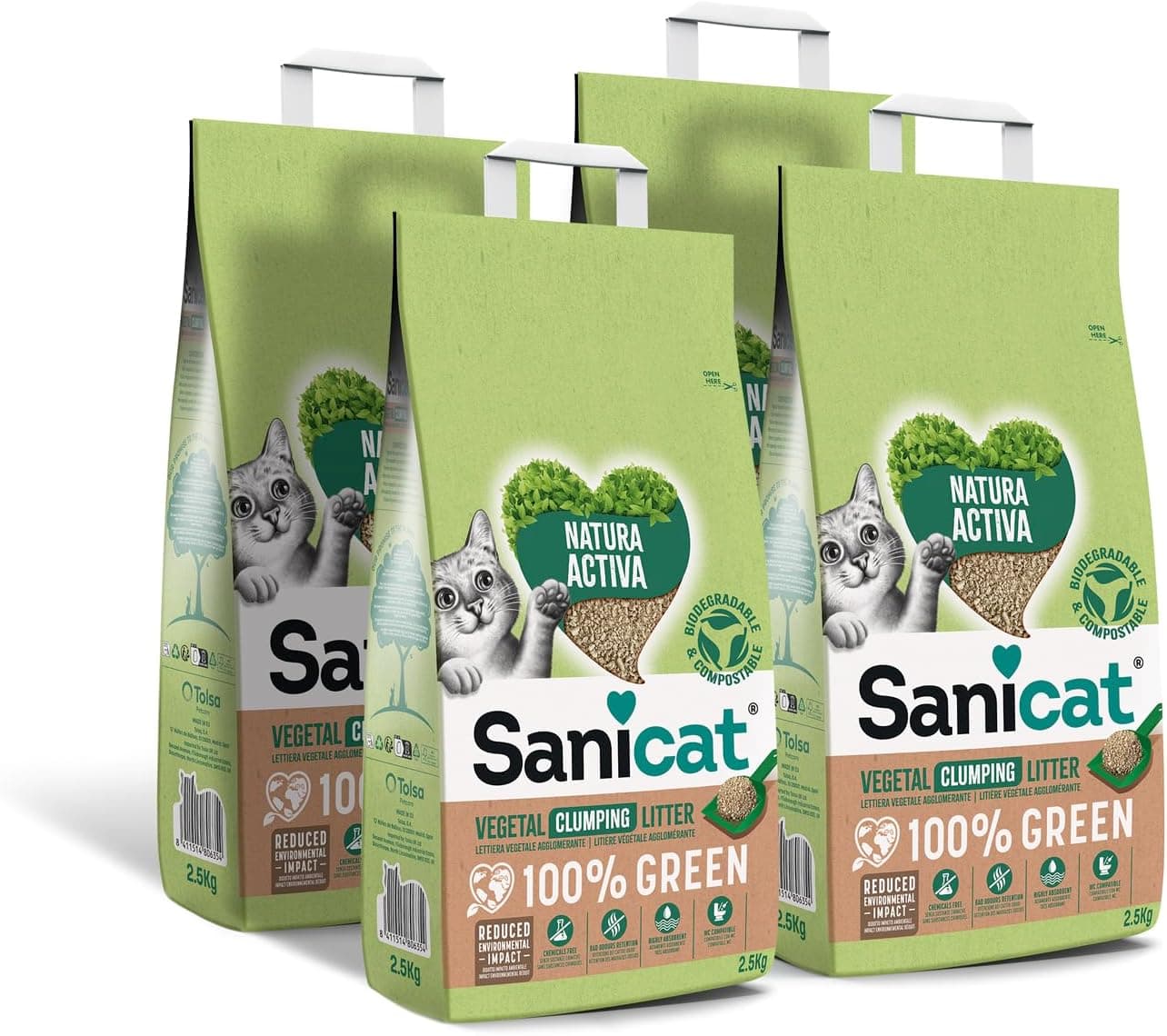 Sanicat - Areia vegetal glomerante natureza ativa 100% verde, alta absorção e aglomerados de forma natural, produto reciclado, biodegradável e compostável, embalagem de 4 unidades de 2,5 kg