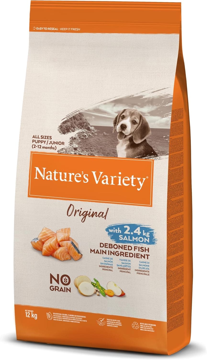 Nature's Variety Original No Grain, Ração Seca para Cães Juniores de Todos os Tamanhos, Sem Grãos, com Salmão Desossado, 12 kg