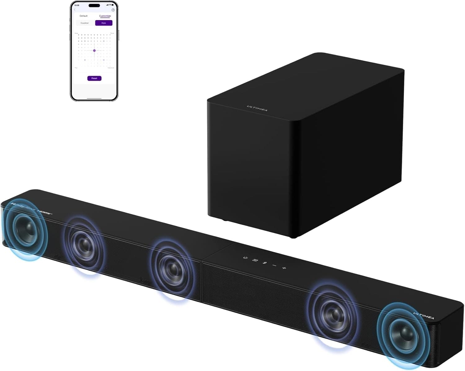 ULTIMEA Poseidon M60 Boom U3722 | Barra de som 5.1 canais com Dolby Atmos subwoofer 340 W Bluetooth e aplicativo para home cinema