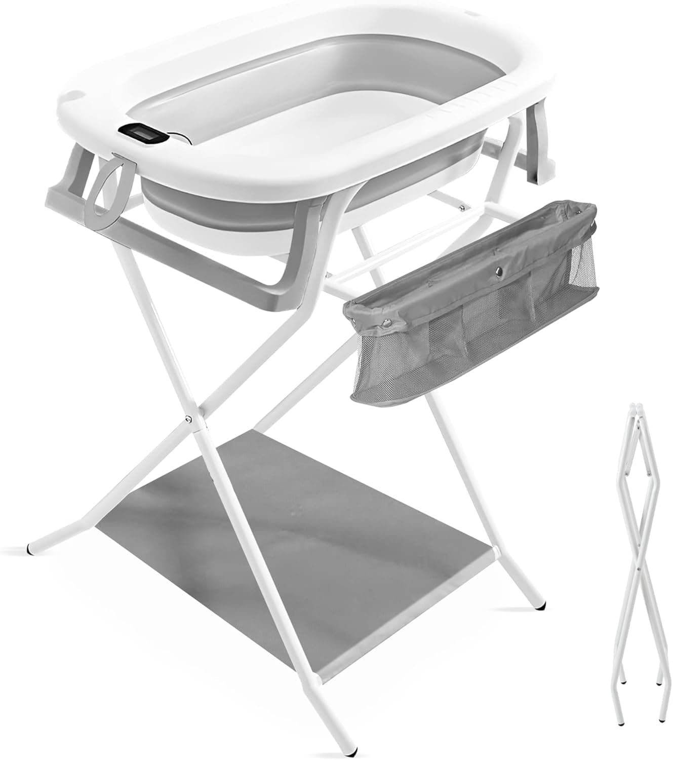 JUPPLIES | Banheira dobrável para bebé com estrutura metálica, tubo de drenagem, almofada ergonómica, pés antiderrapantes e termómetro digital