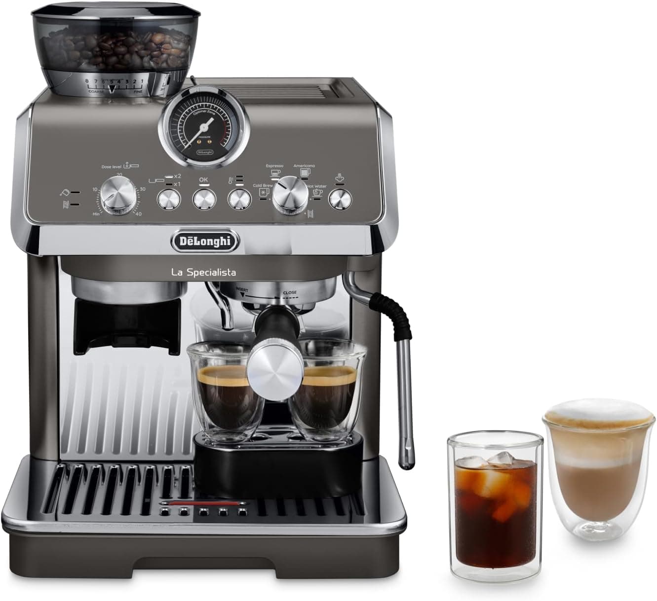 De'Longhi A arte especial Evo EC9255.T, máquina de café expresso, com função Cold Brew, com jarro de leite profissional, sensor Grinding Technology, incluído kit de barista, 1550 W, titânio
