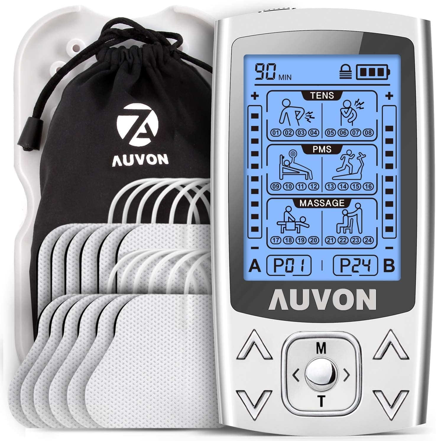 AUVON Eletroestimulador muscular de 3 em 1, de 24 modos, com função TENS, EMS e massagem, para aliviar a dor muscular e fortalecer os músculos, 2 canais, 12 unidades 2 " x 2" eletrodos com design