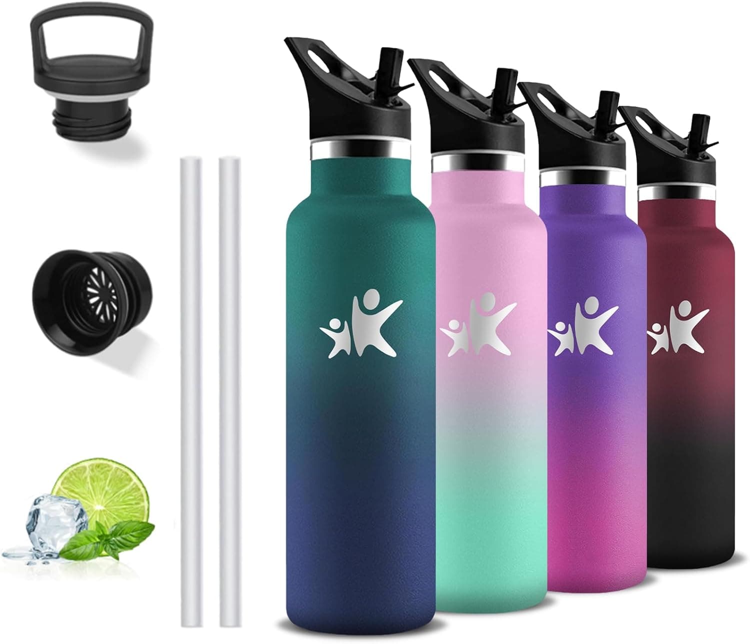 Garrafa de água de aço inoxidável, garrafa de água de 500 ml, sem BPA, cantil infantil, à prova de fugas, com palhinha, mantém 24H frio/12H calor, termo café para a escola, viagens, ioga, escritório