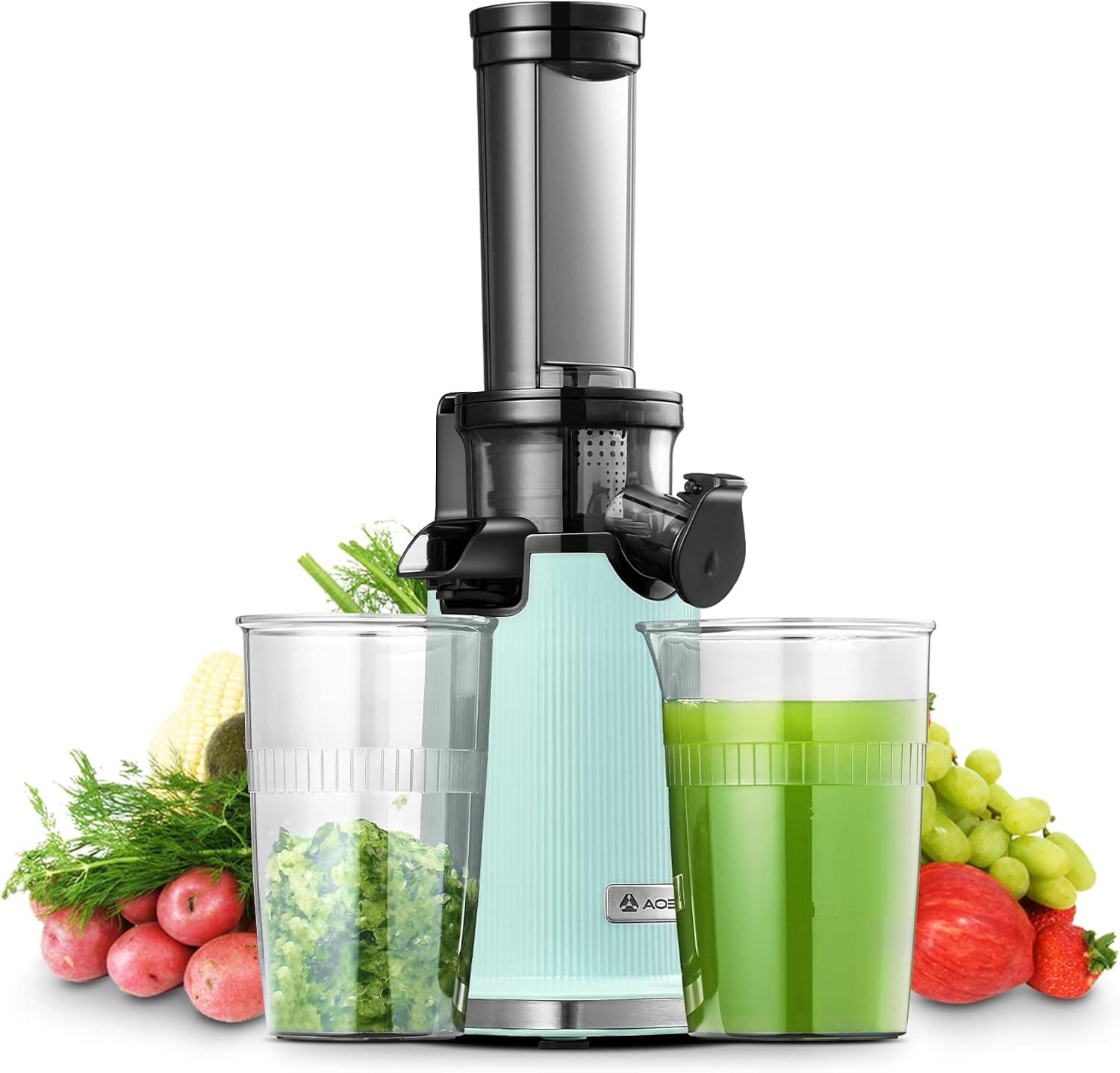 AOBOSI Espremedor pequeno lento com função de mastigação reversa elétrica com escova e 2 chávenas, prensa de frutas elétrica multifuncional (verde claro, 45 mm)