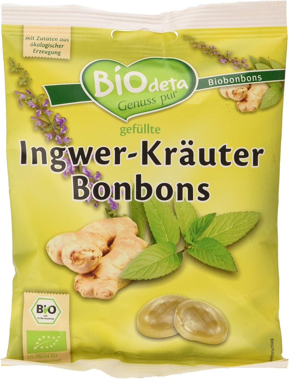 Biodeta Gengibre Ervas | Rebuçados sem açúcar com mel e extrato de gengibre, embalagem de 75 g
