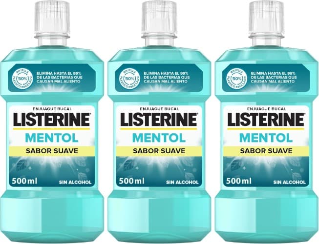 Listerine Mentol Sabor Suave | Elixir bucal sem álcool com flúor e proteção de 24 horas, 500 ml x 3
