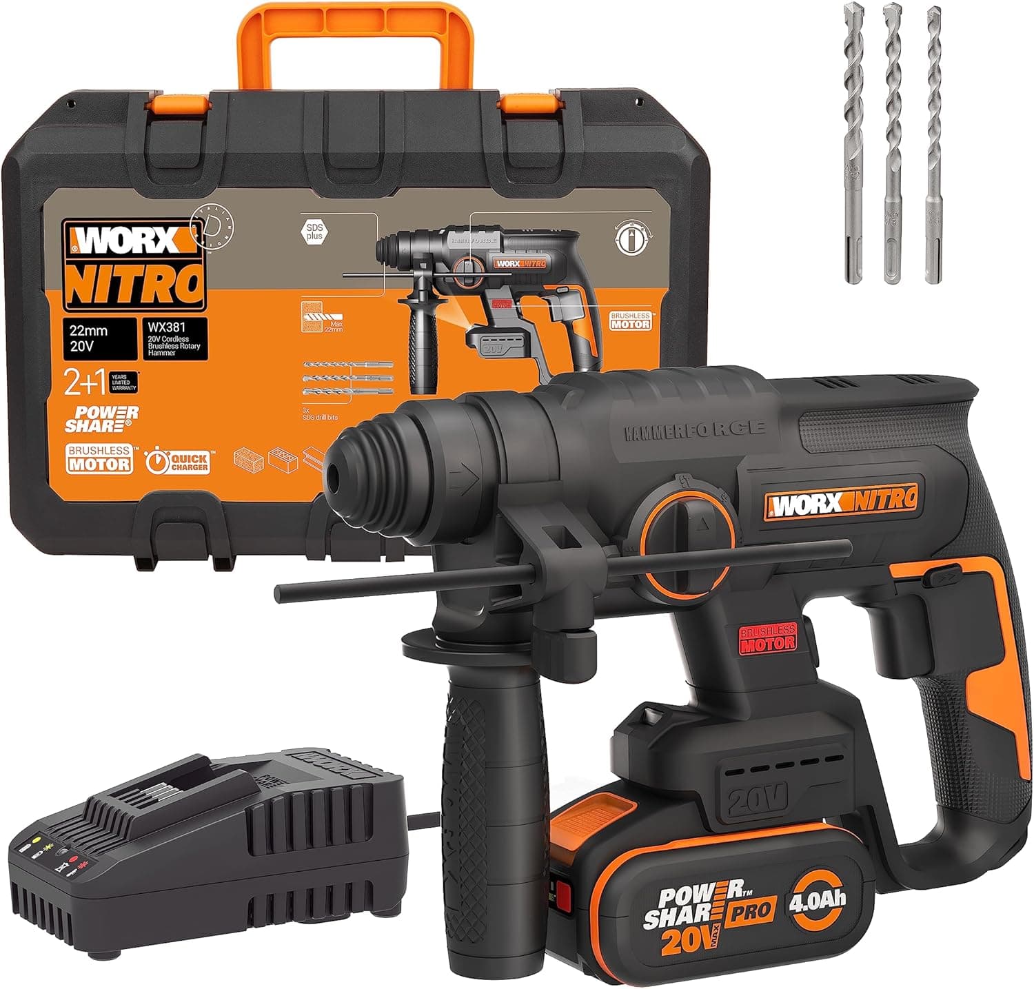 Martelo leve bateria 20 v máx. Worx | WX381 Motor sem escovas | SDS-Plus, Berbequim, percussão e demolição, 2J de impacto, bateria de 4 Ah e pasta, antivibração e alto desempenho