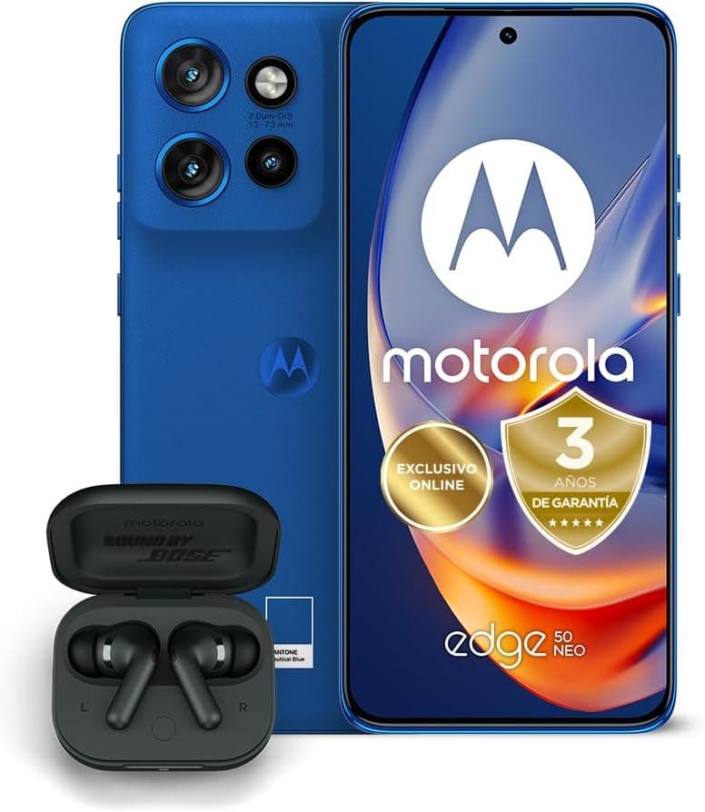 Motorola Edge 50 Neo 24 GB (12 GB RAM Boost)/512 GB, azul Moto Buds+ com Sound by Bose. Design compacto de 6,36", ecrã POLED de 1,5 k, câmara 50 MP e zoom ótico 3X, Turbopower de 68 W, Dual SIM, capa