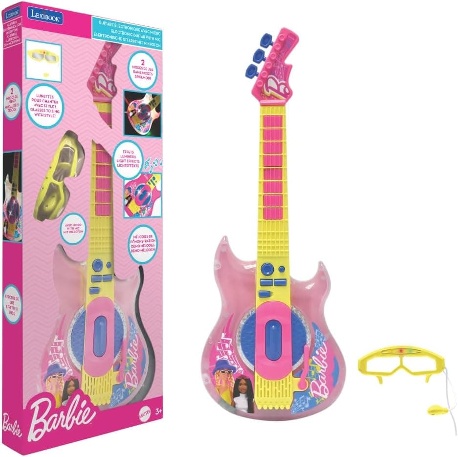 Lexibook, Barbie, guitarra eletrónica com microfone e óculos de canto com estilo, 2 modos de jogo, melodias de demonstração, efeitos de luz, rosa/amarelo, K260BB