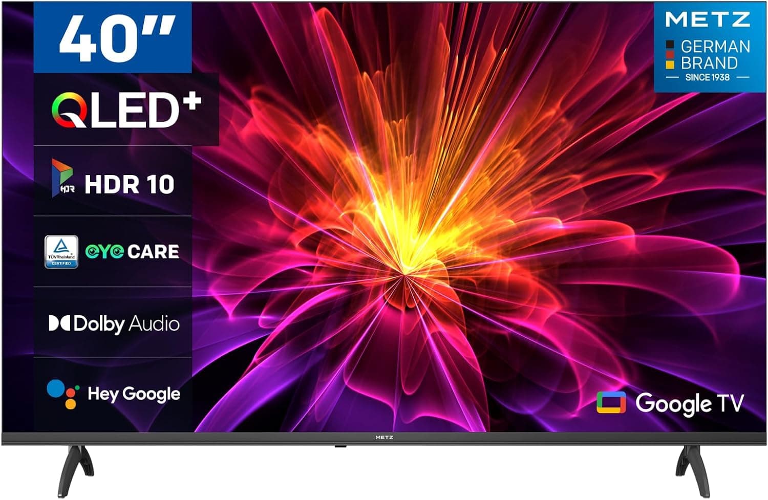 Metz QLED de 40" Smart TV, MQE7000 FHD Google TV com áudio Dolby, HDR 10 e Trochilus Extreme 2.0 integrado, controlo remoto por voz, cuidado ocular, DVB C/-T/T2-S/S2, Ci, HDMI, USB