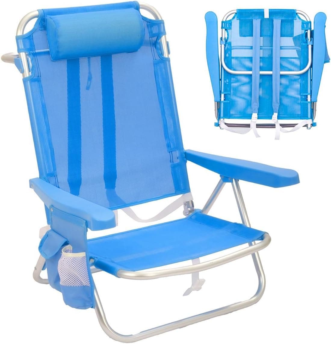 LOLAhome Cadeira de praia mochila de 4 posições de alumínio e têxtil azul de 61 x 47 x 80 cm