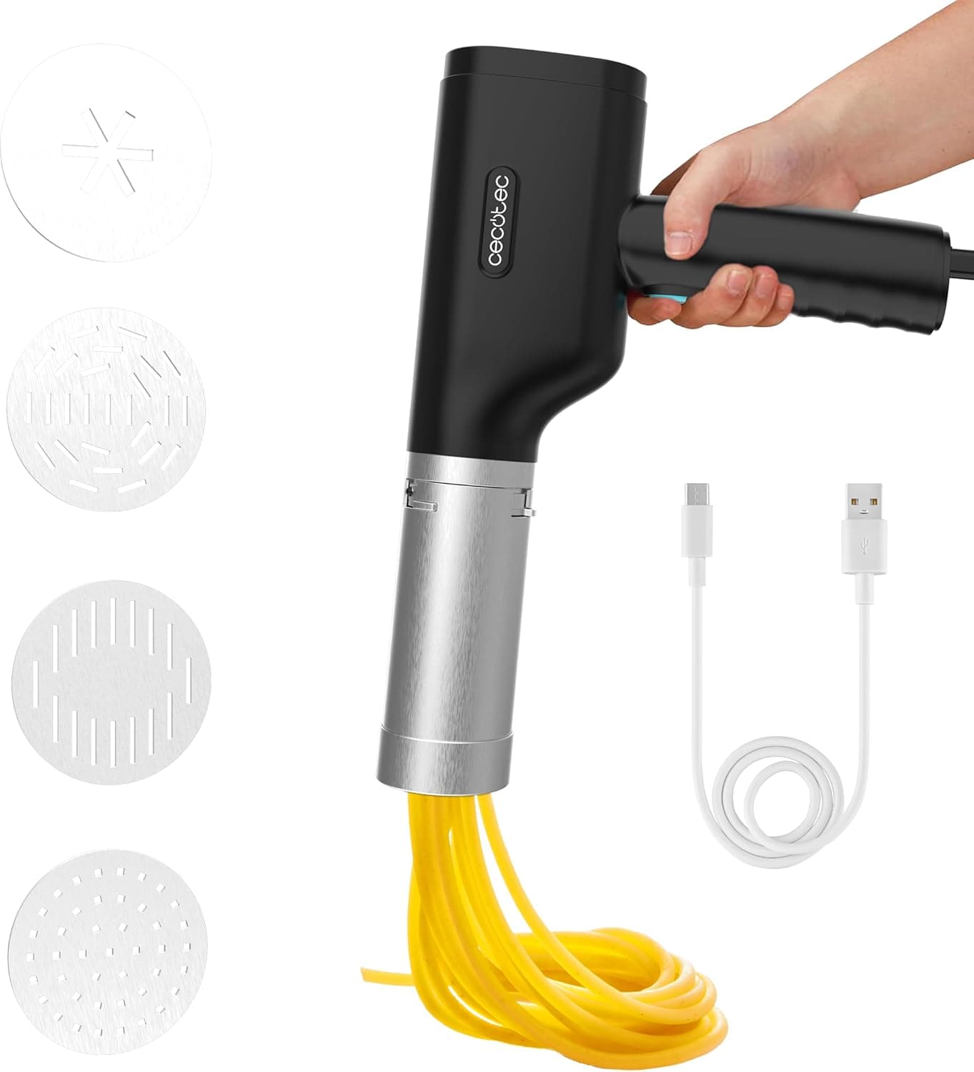 Cecotec Máquina de fazer massa e hurros sem fios Fun EasyPasta. 40 W, capacidade de 200 g, 3 discos incluídos, preparação de macarrão ou noodles, sphettis e macarrão, 50 usos por carregamento