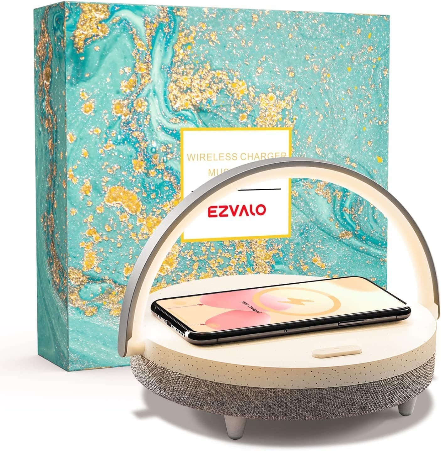 EZVALO Candeeiro de noite, candeeiro de mesa com carregamento sem fio ajustável 3 modos de iluminação com altifalante Bluetooth, luz noturna para quarto sala de estar, presente de Natal para amigos