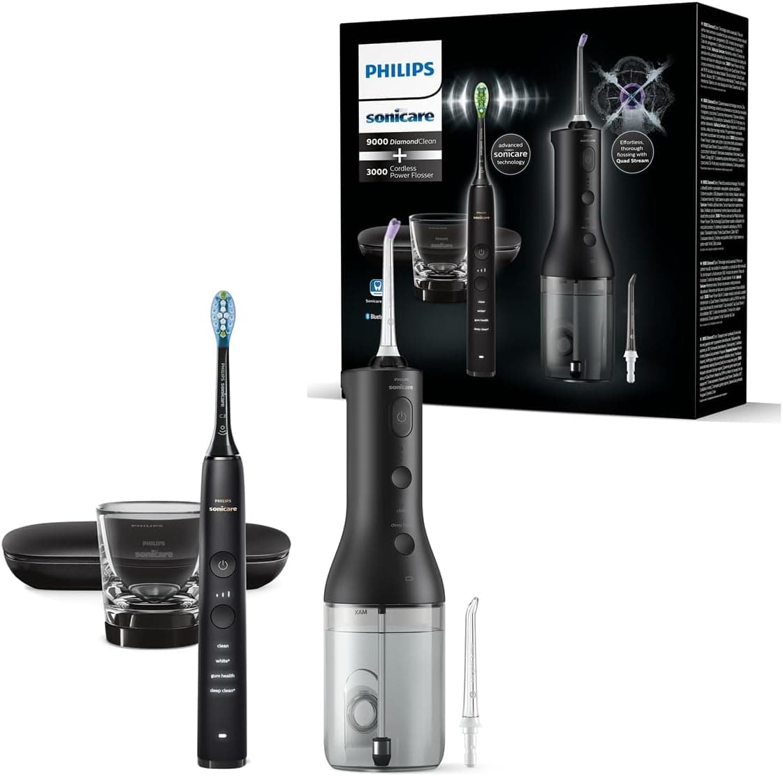 Escova de dentes elétrica DiamondClean 9000 e irrigador oral Philips Sonicare Power Flosser sem cabo: limpeza de dentes, gengivas e eliminação de placa, em preto (modelo HX3886/43)