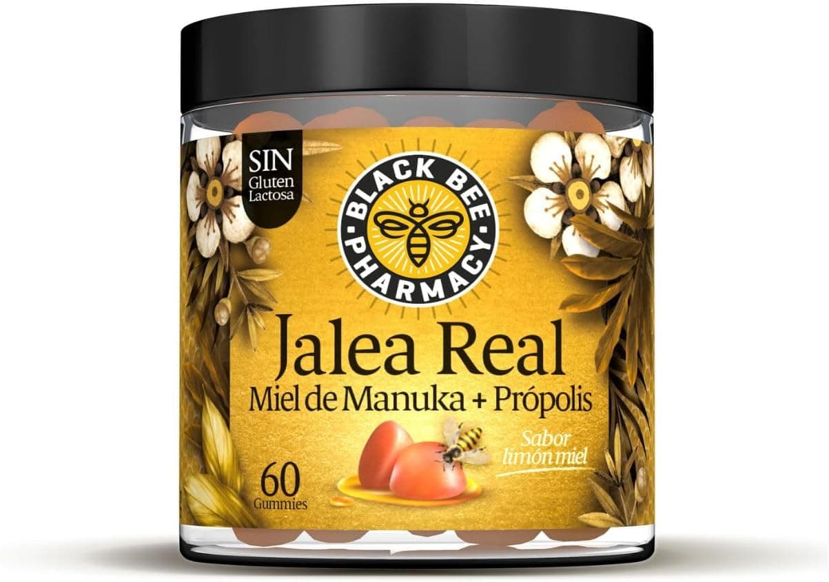 Black Bee Pharmacy Gummies | Gomas com geleia real mel de manuka e própolis sabor limão-mel embalagem com 60 unidades