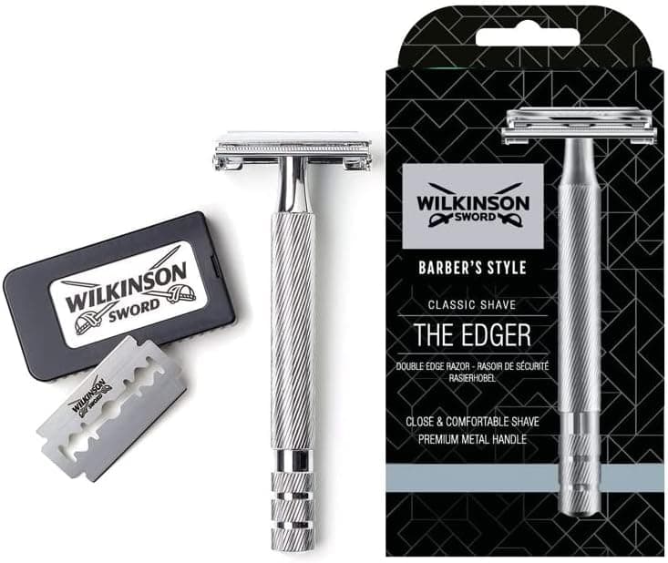 Wilkinson Sword Classic Premium - Máquina de barbear vintage de aço cromado para homem 5 folhas de barbear de dois fios, barbear clássico manual, cinzento